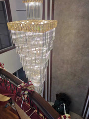 Decorative Large Vertical Crystal Staircase Chandelier Foyer Ceiling Light Fixture Lamp In Gray/ Amber Brim