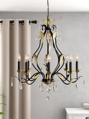 Large European-Style Iron Cascading Candle and Crystal Chandelier