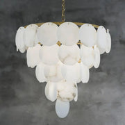 Paige Round Alabaster Chandelier with Dining Table Above