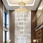 Decorative Large Vertical Crystal Staircase Chandelier Foyer Ceiling Light Fixture Lamp In Gray/ Amber Brim